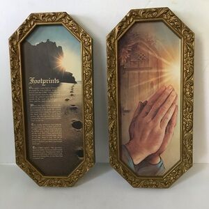 Homco Gold Framed Art Prints with Praying Hands and Footprints